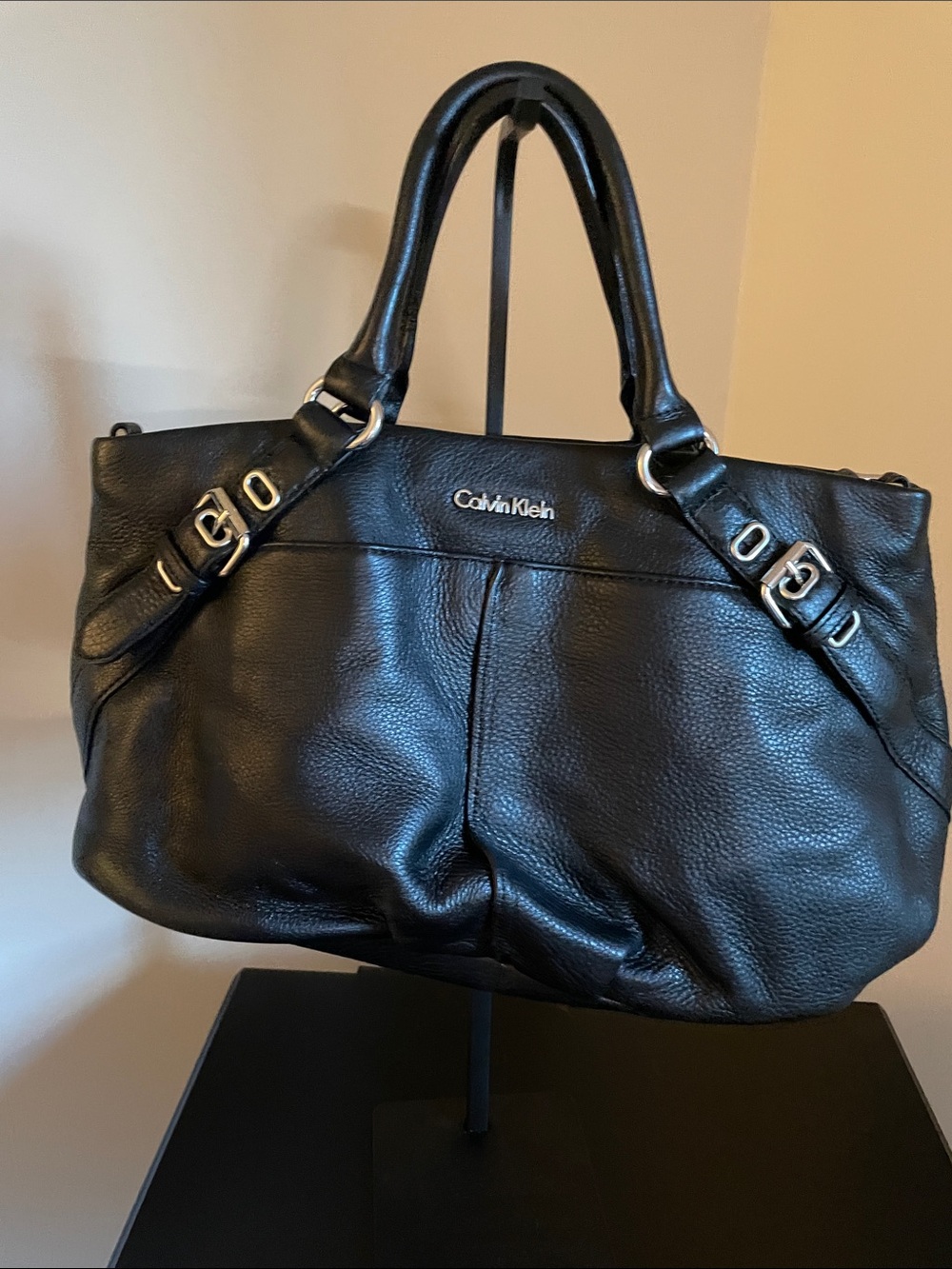 Calvin Klein Black Pebbled Leather Satchel Tote with Buckle Straps